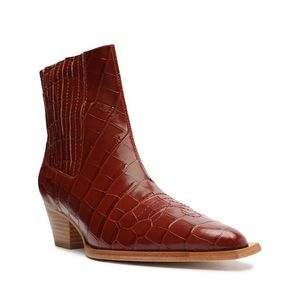 Brand New Schutz Briani Crocodile Embossed Leather Bootie, Red Brown Boot